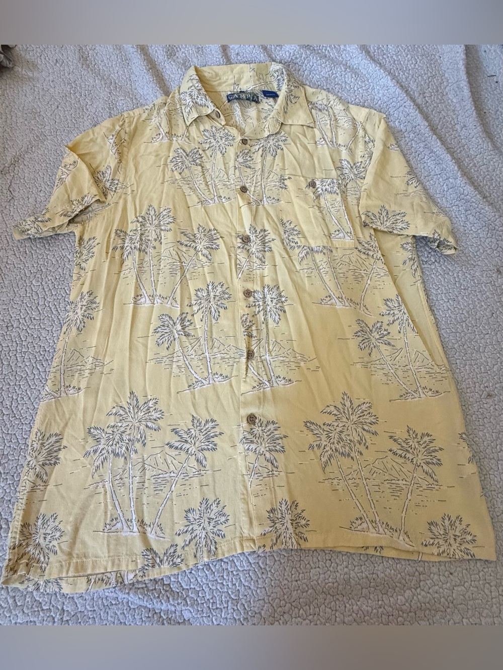 Campia Men’s Butter Yellow Palm Tree Print Aloha Hawaiian Button Up Shirt Size L